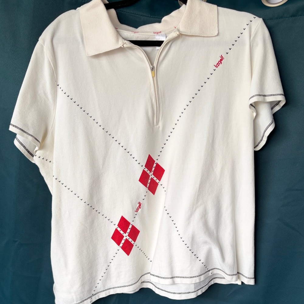 Cream Short-Sleeve mens Polo with Red Diamond Accent